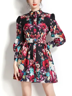 Black Stand Collar Floral Print Long Puff Sleeve Boho Dress Mini Dress