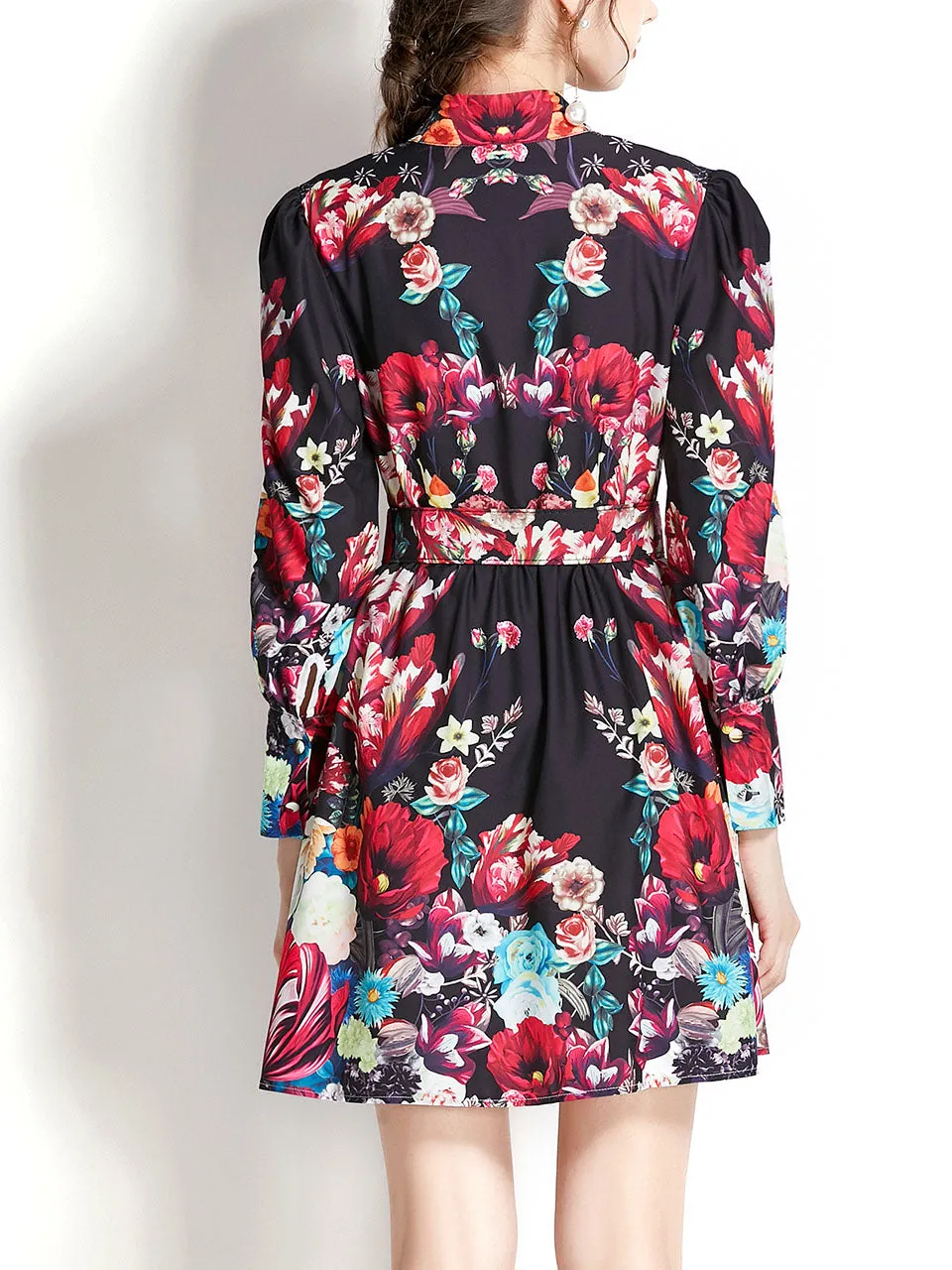 Black Stand Collar Floral Print Long Puff Sleeve Boho Dress Mini Dress