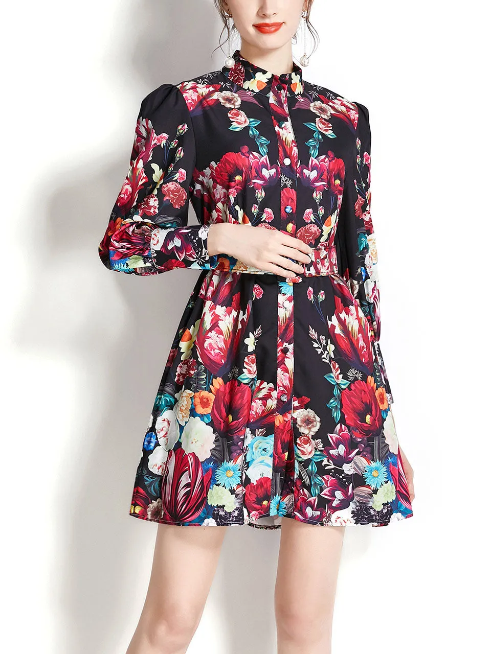 Black Stand Collar Floral Print Long Puff Sleeve Boho Dress Mini Dress