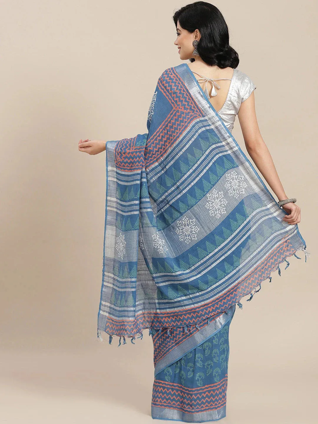 Blue Cotton Linen Saree