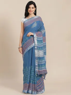 Blue Cotton Linen Saree
