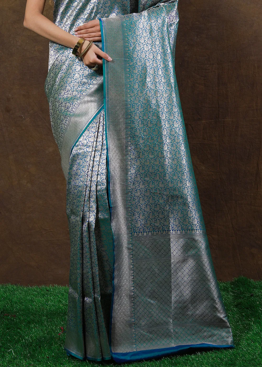 Blueish Green Hand Woven Pure Katan Silk Saree