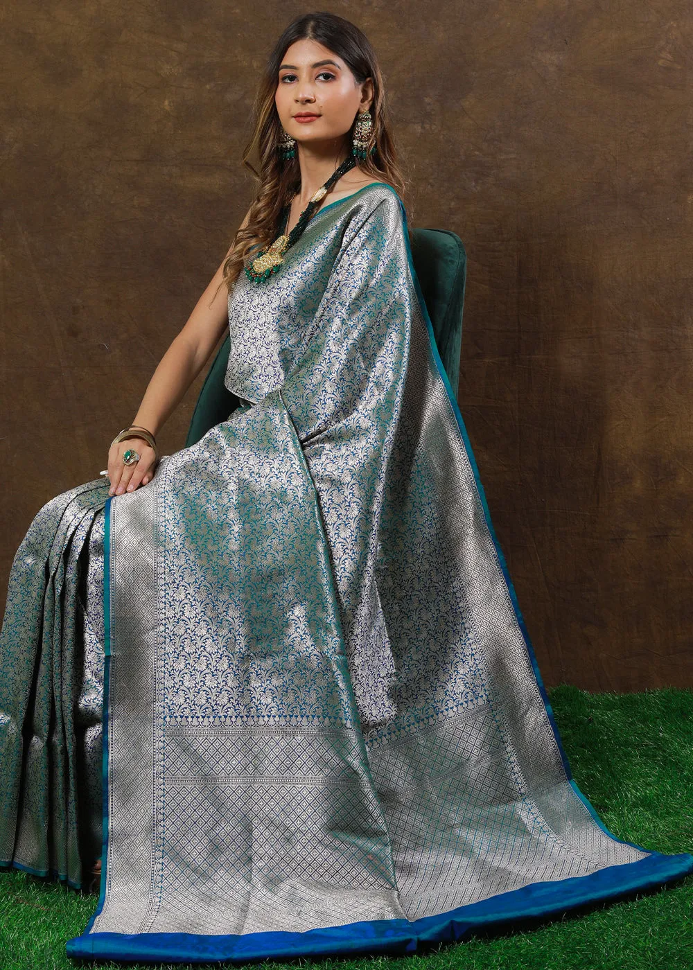 Blueish Green Hand Woven Pure Katan Silk Saree
