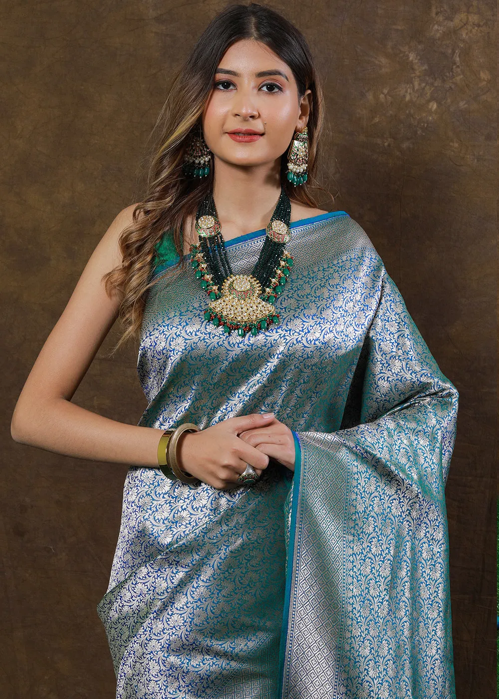 Blueish Green Hand Woven Pure Katan Silk Saree