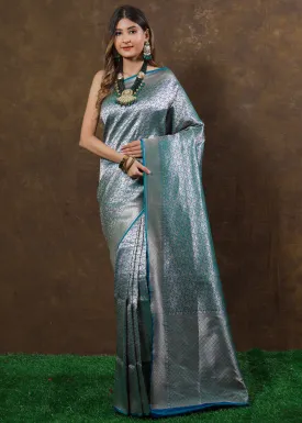 Blueish Green Hand Woven Pure Katan Silk Saree