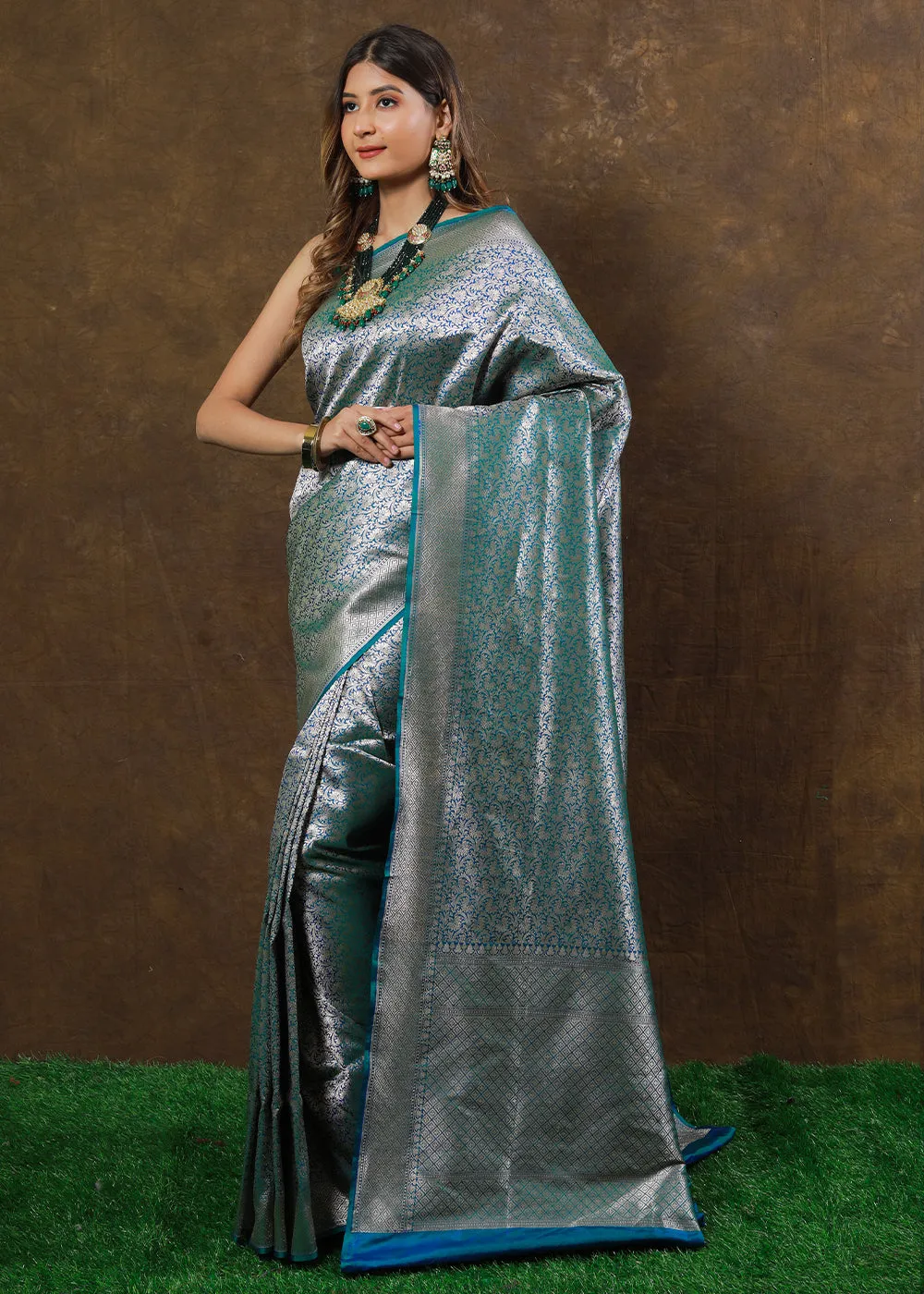 Blueish Green Hand Woven Pure Katan Silk Saree