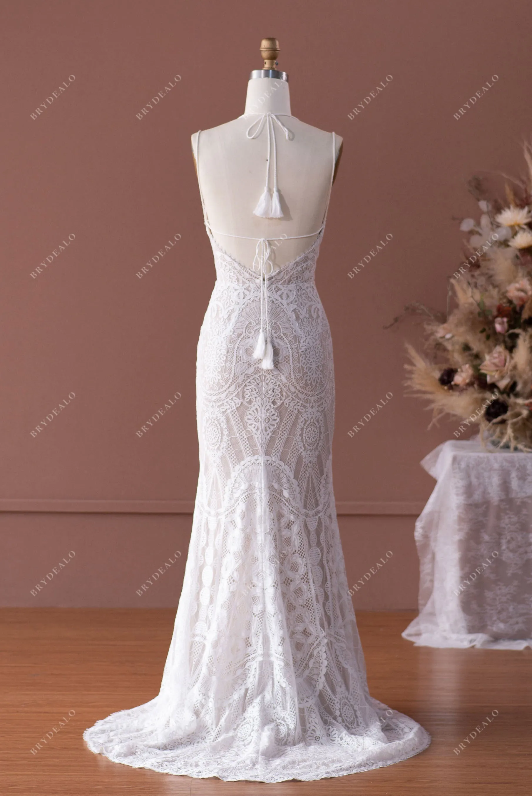 Boho Lace Halter Straps Slit Fit & Flare Wedding Dress