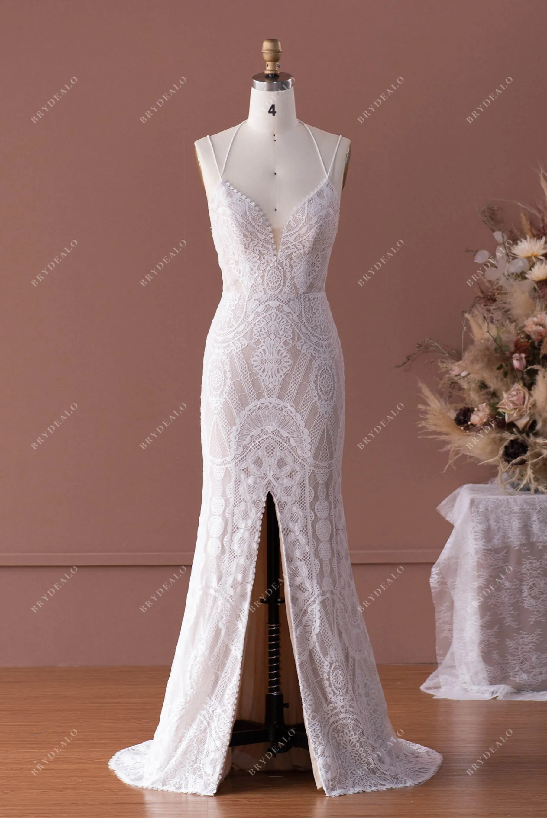 Boho Lace Halter Straps Slit Fit & Flare Wedding Dress