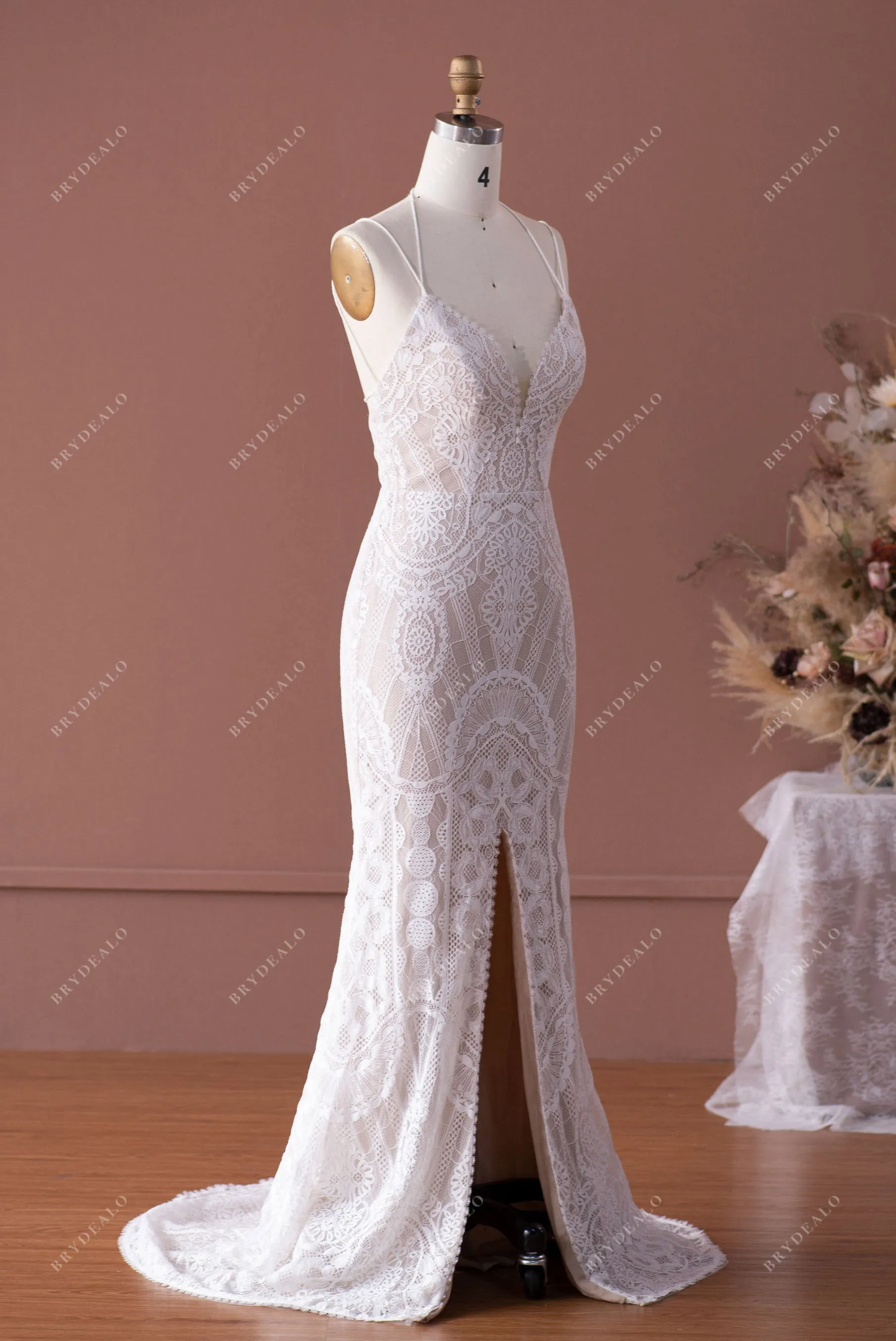 Boho Lace Halter Straps Slit Fit & Flare Wedding Dress