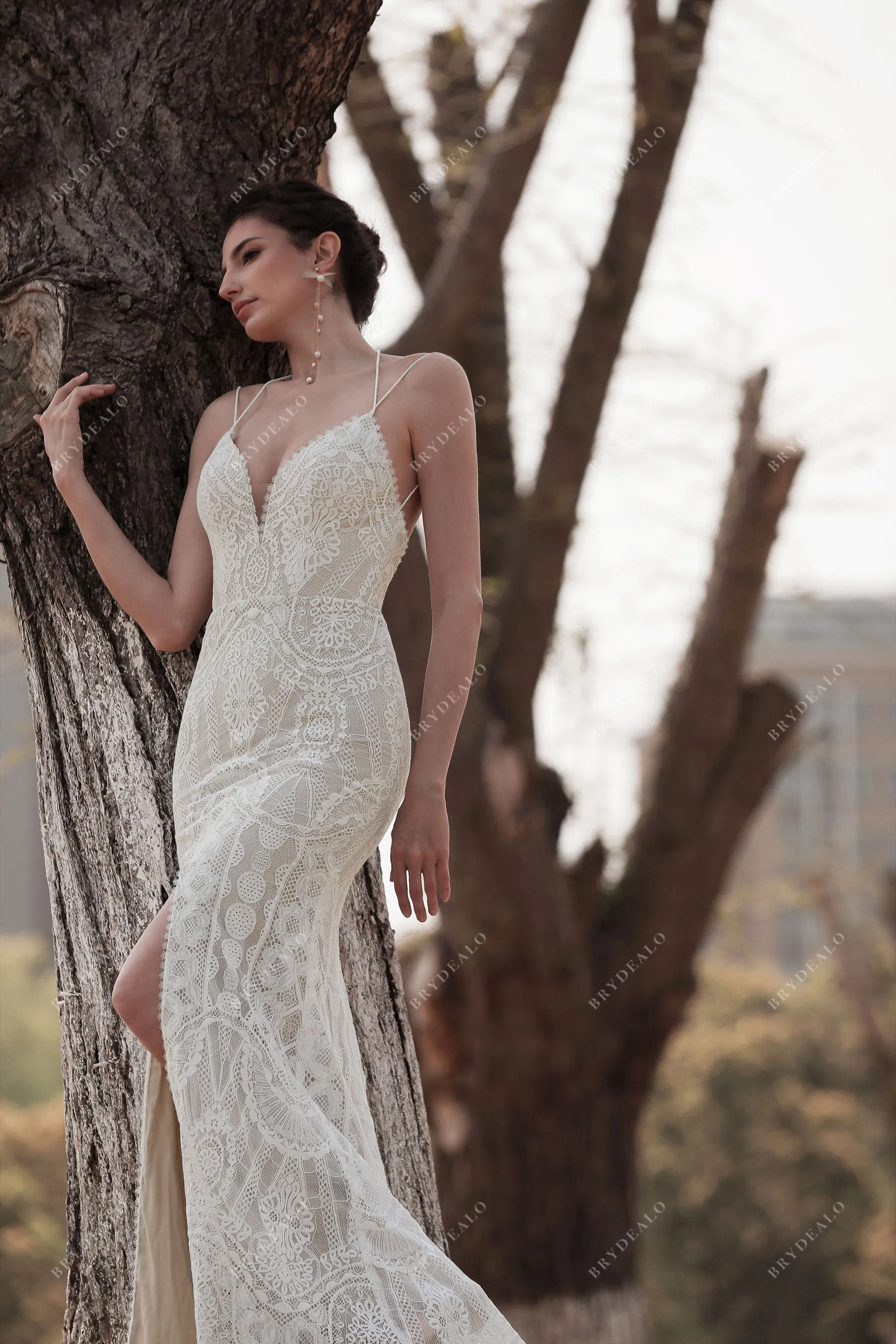 Boho Lace Halter Straps Slit Fit & Flare Wedding Dress