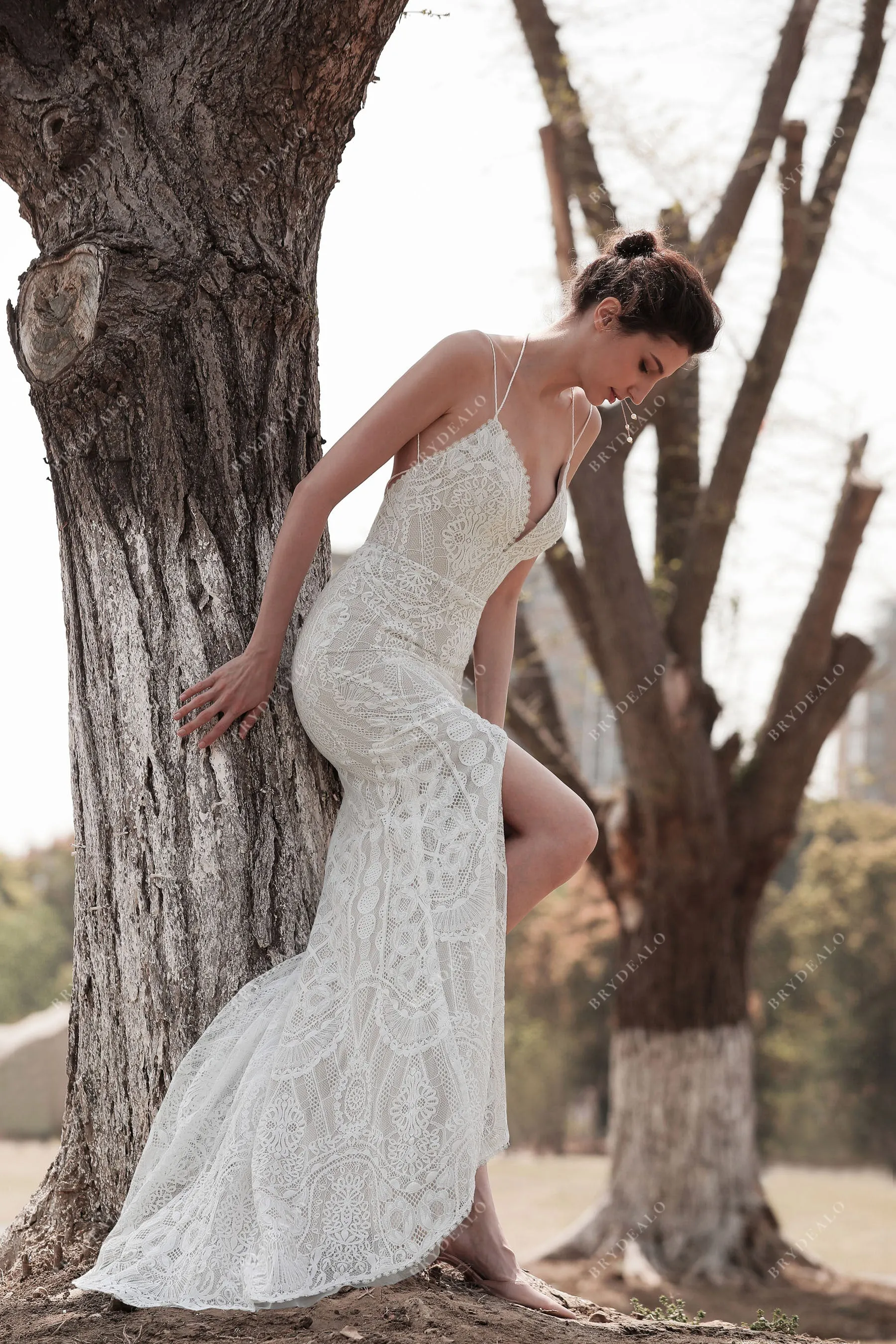 Boho Lace Halter Straps Slit Fit & Flare Wedding Dress