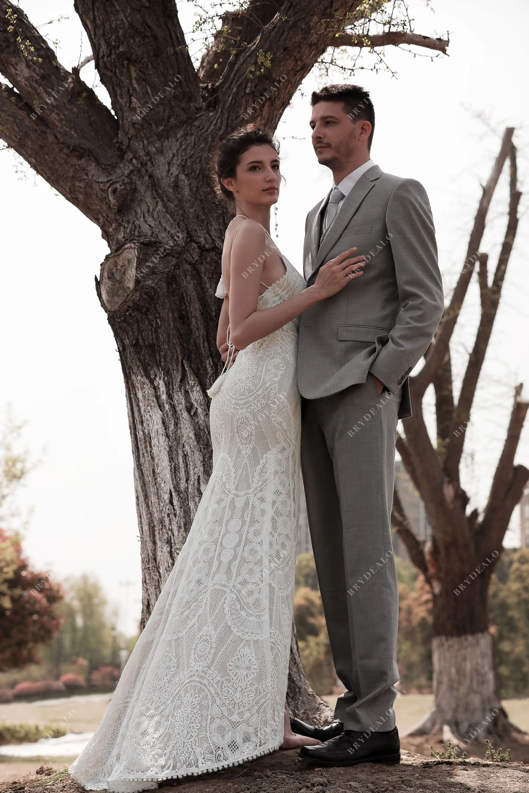 Boho Lace Halter Straps Slit Fit & Flare Wedding Dress