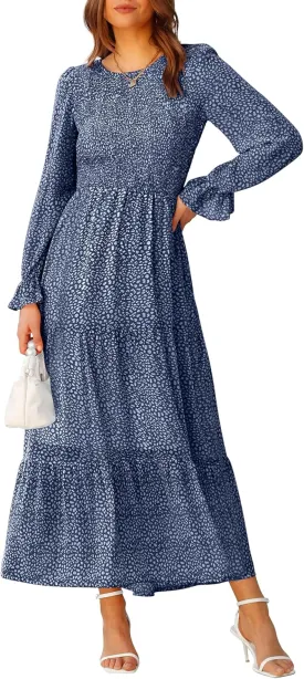 BTFBM Women Casual Long Sleeve Crew Neck Fall Dress Bohemian Relaxed Fit Floral Flowy Maxi Dresses Tiered Cocktail Dress