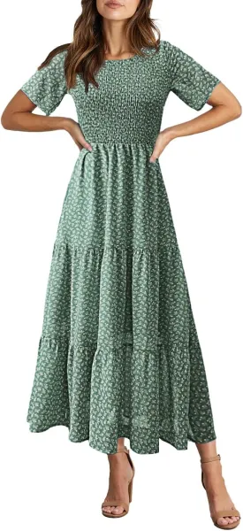 BTFBM Women Casual Short Sleeve Crew Neck Summer Dress Bohemian Floral Printed Flowy Maxi Dresses Tiered Cocktail Dress