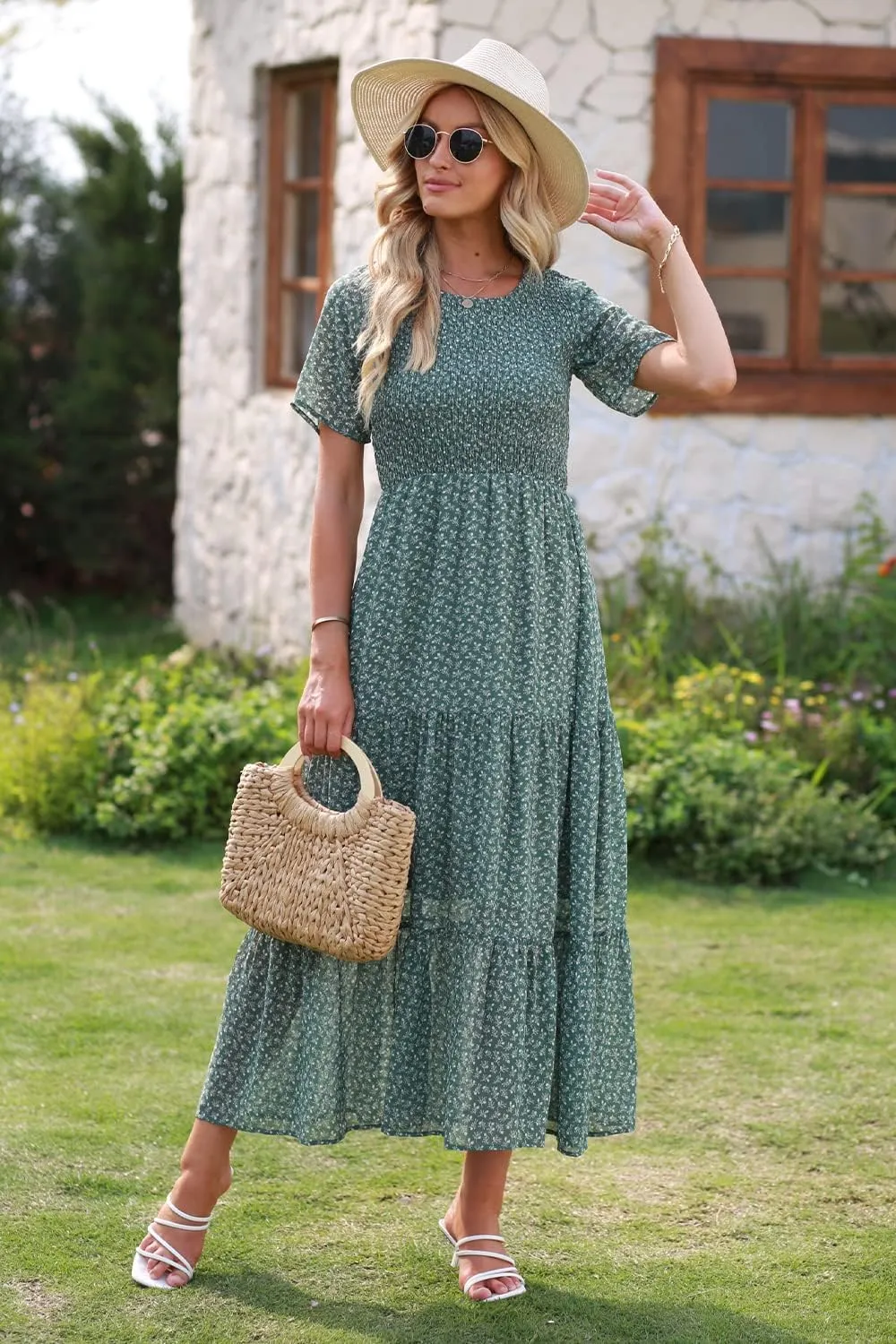 BTFBM Women Casual Short Sleeve Crew Neck Summer Dress Bohemian Floral Printed Flowy Maxi Dresses Tiered Cocktail Dress