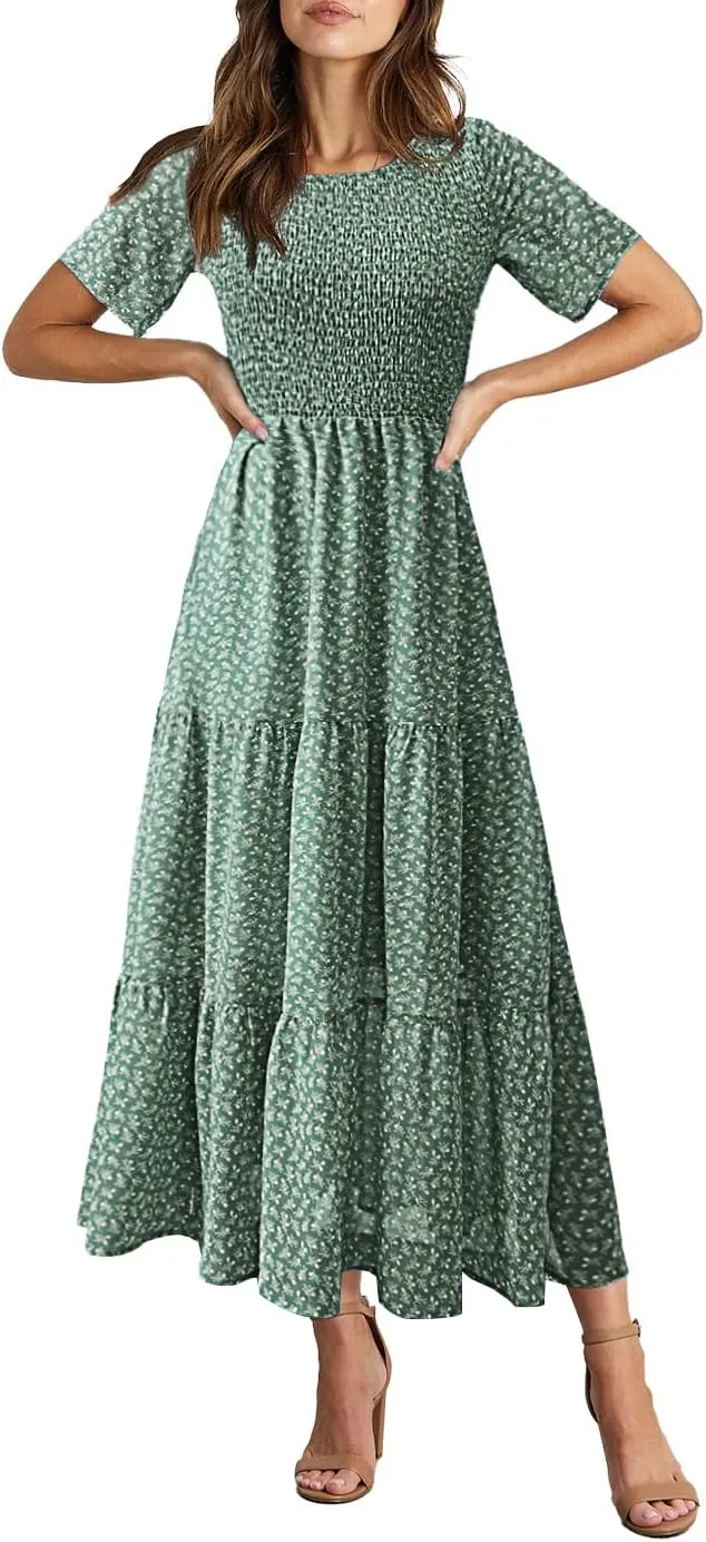 BTFBM Women Casual Short Sleeve Crew Neck Summer Dress Bohemian Floral Printed Flowy Maxi Dresses Tiered Cocktail Dress