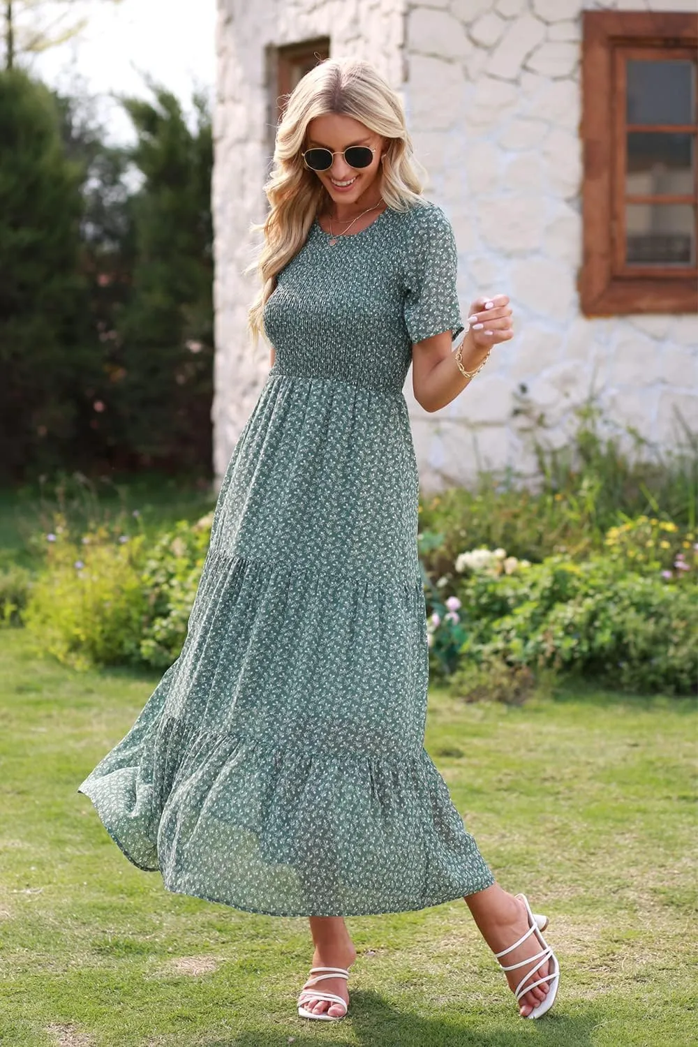 BTFBM Women Casual Short Sleeve Crew Neck Summer Dress Bohemian Floral Printed Flowy Maxi Dresses Tiered Cocktail Dress
