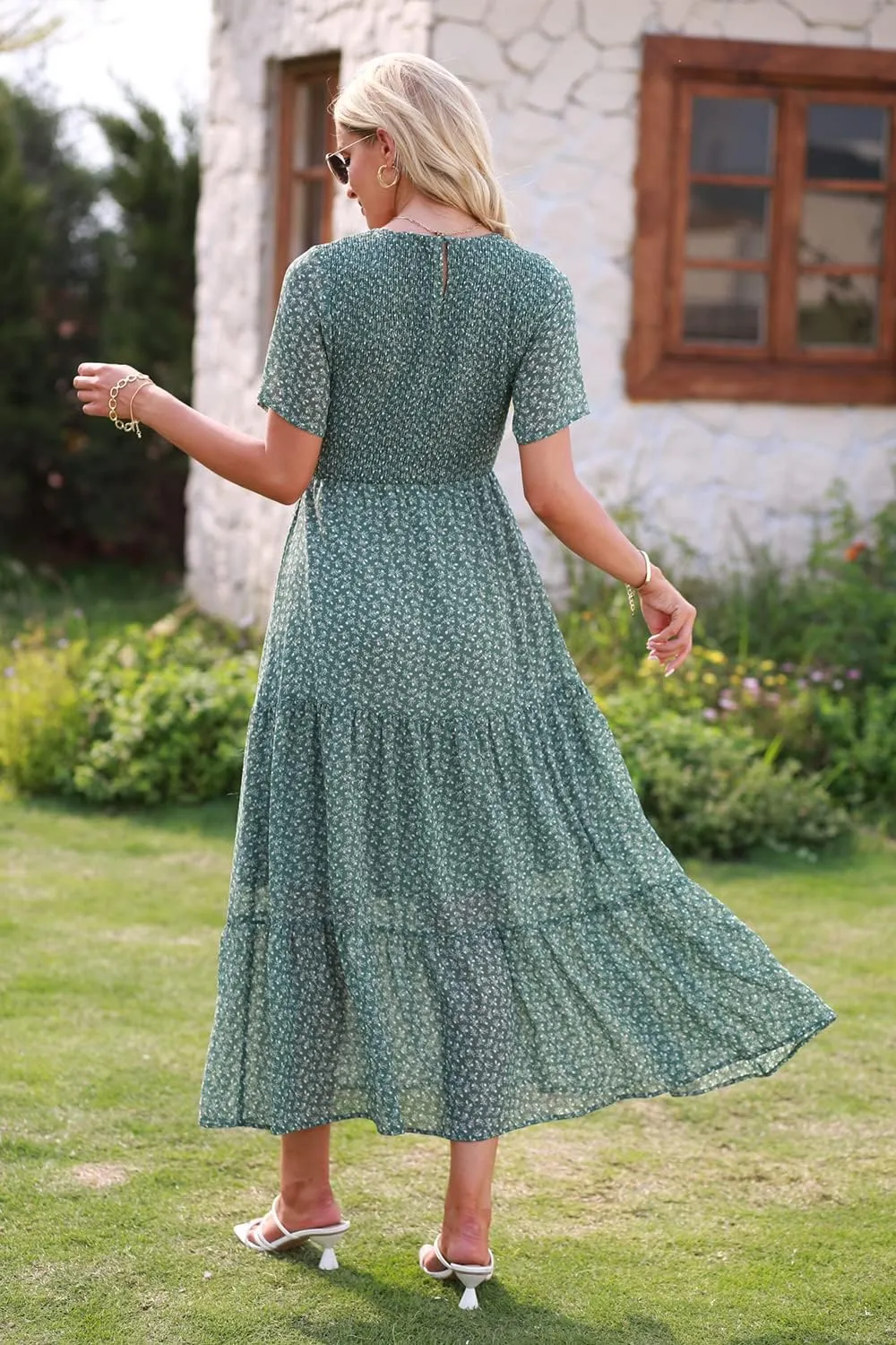 BTFBM Women Casual Short Sleeve Crew Neck Summer Dress Bohemian Floral Printed Flowy Maxi Dresses Tiered Cocktail Dress
