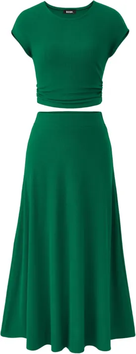 BTFBM Women Two Piece Skirt Set Summer 2025 Casual Vacation Crew Neck Short Sleeve Cropped Top Elastic Waist Midi Skirts