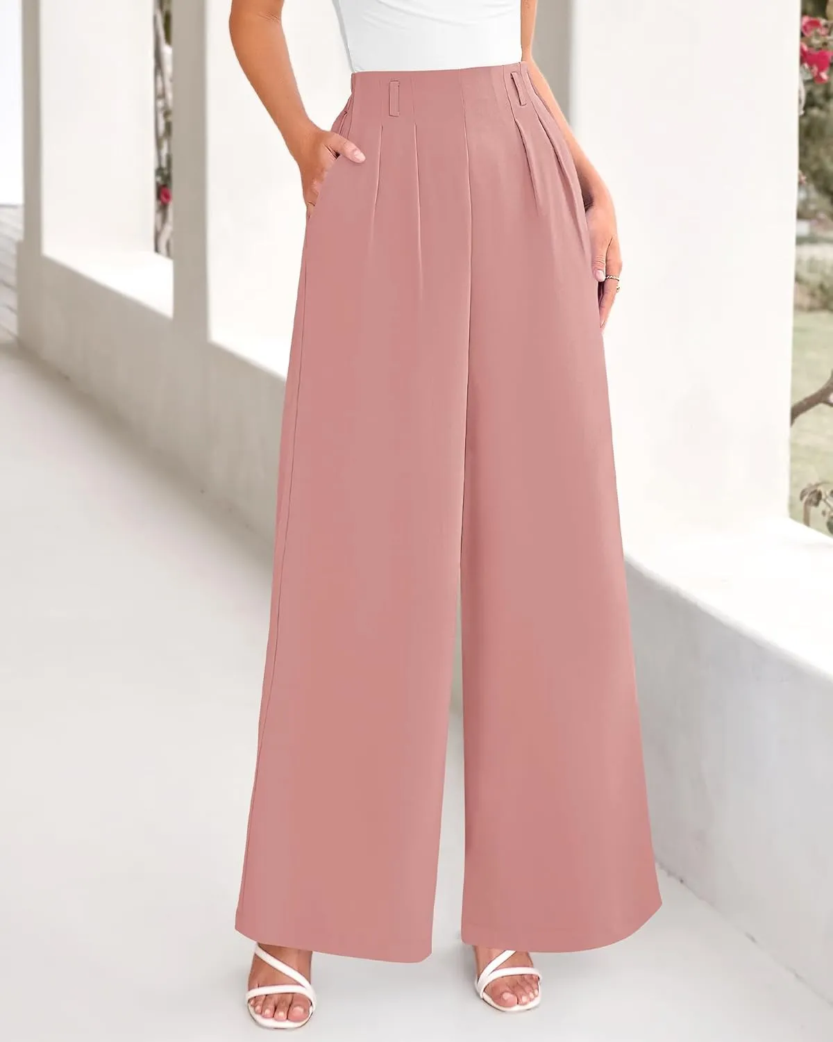 BTFBM Women's Elegant Flowy Dress Pants Front Pleated High Waisted Casual Wide Leg Loose Palazzo Trousers with Pockets