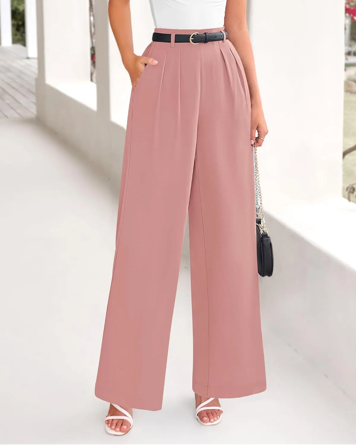 BTFBM Women's Elegant Flowy Dress Pants Front Pleated High Waisted Casual Wide Leg Loose Palazzo Trousers with Pockets