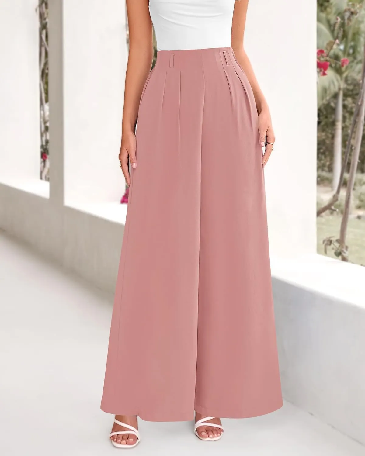 BTFBM Women's Elegant Flowy Dress Pants Front Pleated High Waisted Casual Wide Leg Loose Palazzo Trousers with Pockets