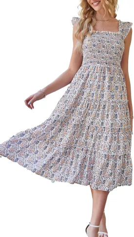 BTFBM Womens Summer Boho Smocked Beach Dresses Sleeveless Shoulder Strap Floral Flowy Tiered Party Midi Casual Sundress