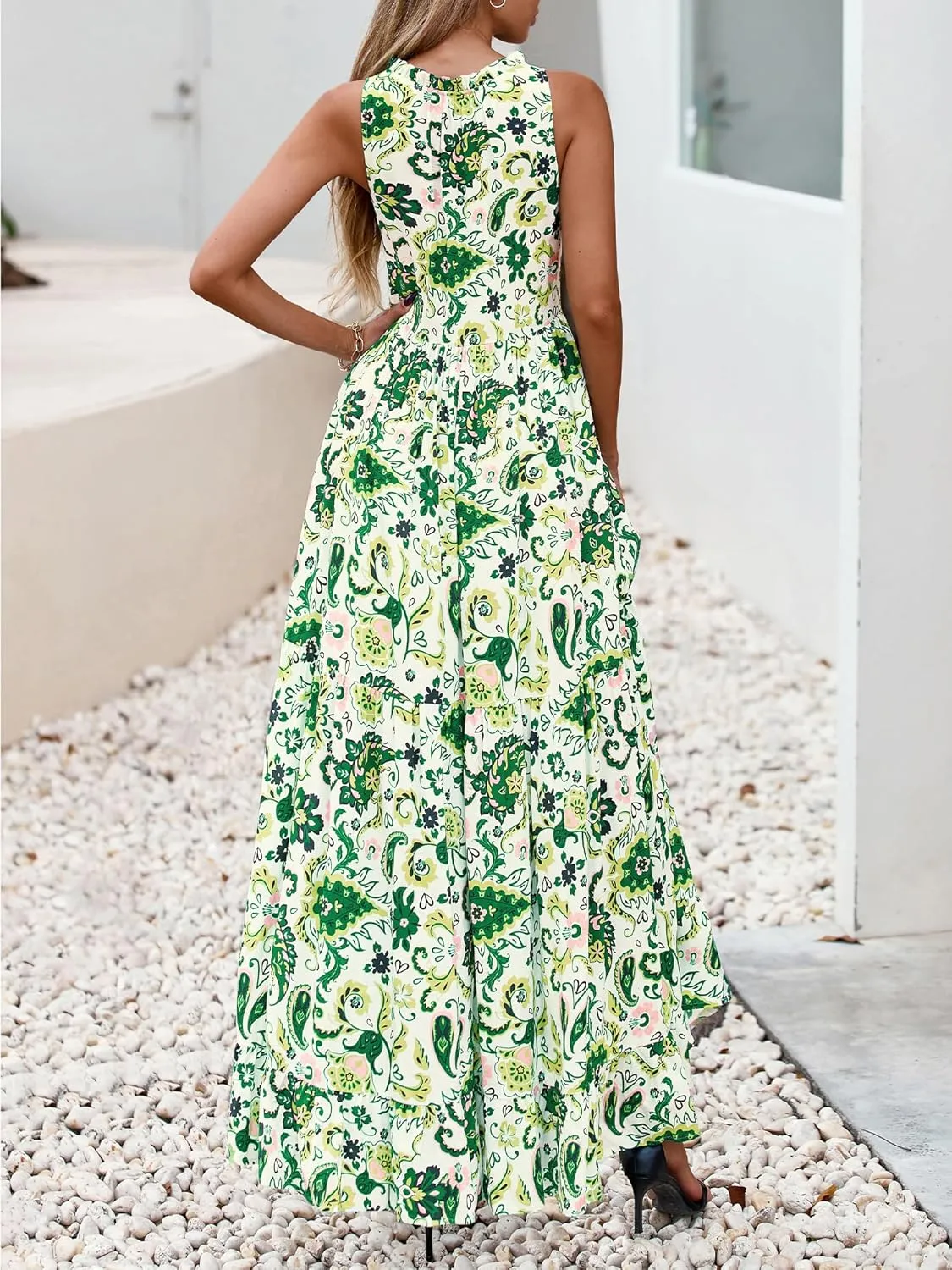 BTFBM Womens Summer Maxi Dresses 2025 Casual Sleeveless V Neck Loose Fit Floral Boho Dress Beach Long Sundress