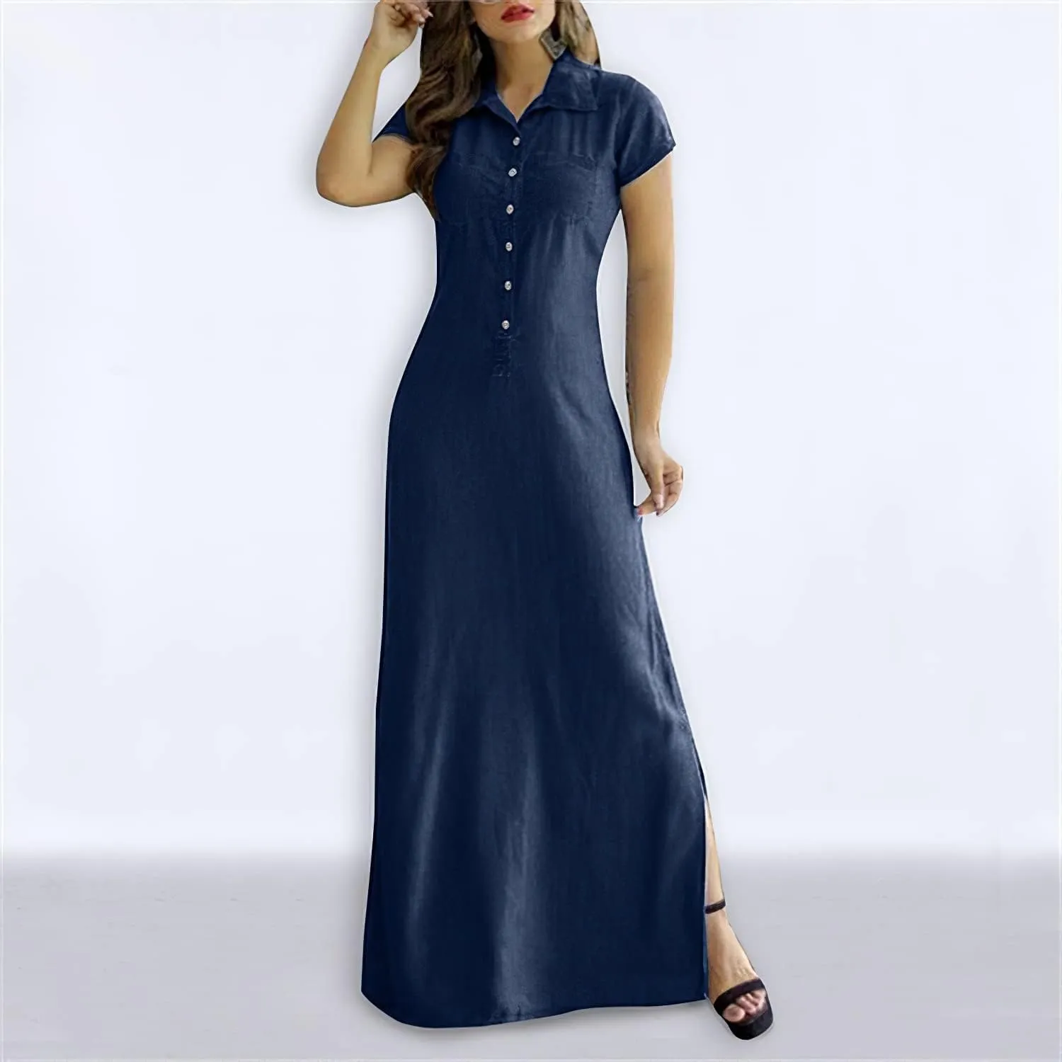 Button Down Denim Shirt Dress for Women Vintage Casual Lapel Collared Solid Jean Dresses with Pockets