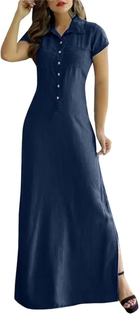 Button Down Denim Shirt Dress for Women Vintage Casual Lapel Collared Solid Jean Dresses with Pockets