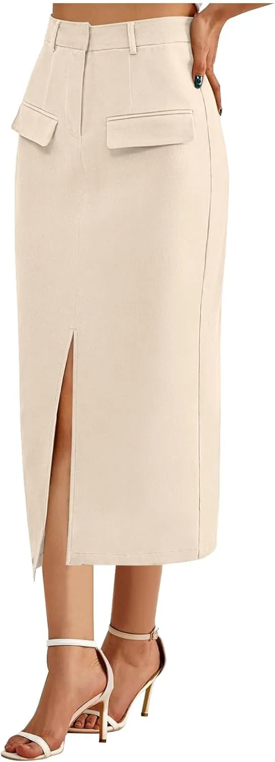 Cargo Skirts for Women High Waisted Midi Skirt Trendy Spring Summer Pencil Slit Dressy Casual Business Work Long Skirts