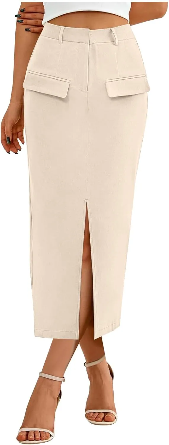 Cargo Skirts for Women High Waisted Midi Skirt Trendy Spring Summer Pencil Slit Dressy Casual Business Work Long Skirts