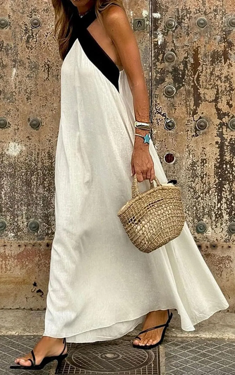 CHARTOU Women Summer Vacation Halter Neck Crossover Contrast Trim Cotton Linen Flowy Long Dress