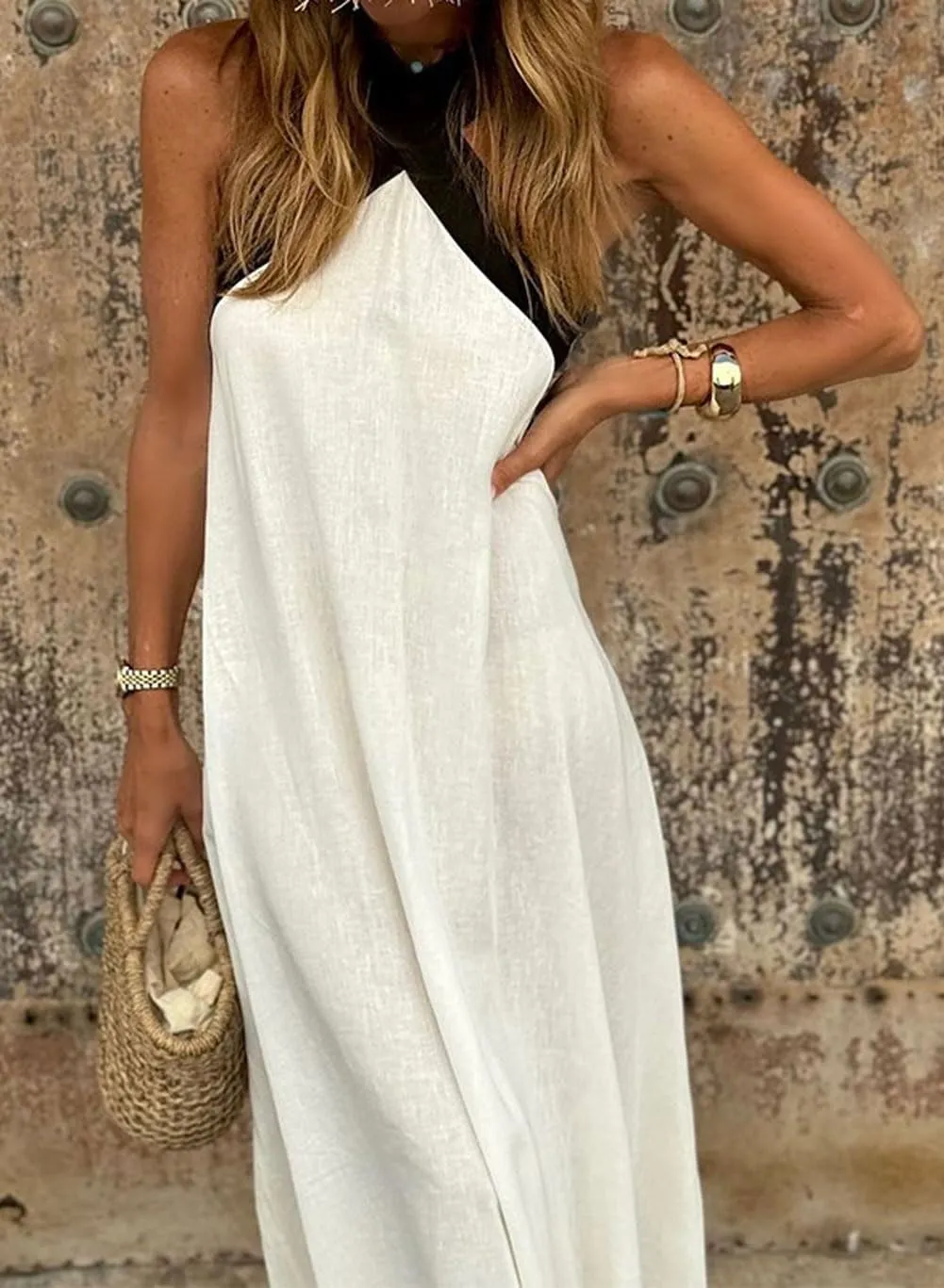 CHARTOU Women Summer Vacation Halter Neck Crossover Contrast Trim Cotton Linen Flowy Long Dress