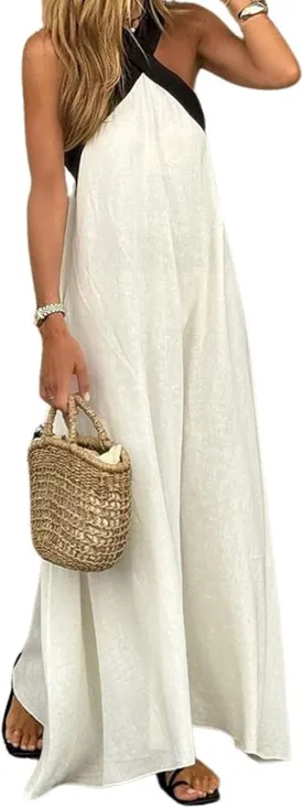 CHARTOU Women Summer Vacation Halter Neck Crossover Contrast Trim Cotton Linen Flowy Long Dress