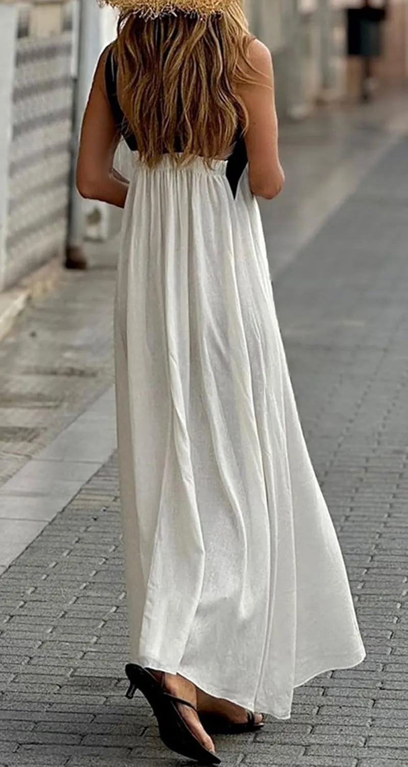 CHARTOU Women Summer Vacation Halter Neck Crossover Contrast Trim Cotton Linen Flowy Long Dress