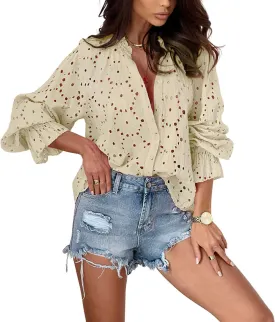 chouyatou Women's Boho Crochet Shirts Lantern Sleeve Button Down Lace Eyelet Blouse Tops