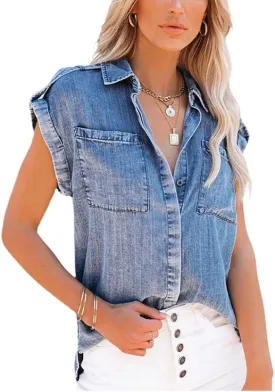 chouyatou Women's Casual Distressed Button Down Sleeveless Denim Jean Shirt Tops