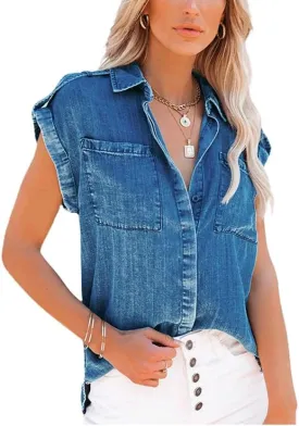 chouyatou Women's Casual Distressed Button Down Sleeveless Denim Jean Shirt Tops