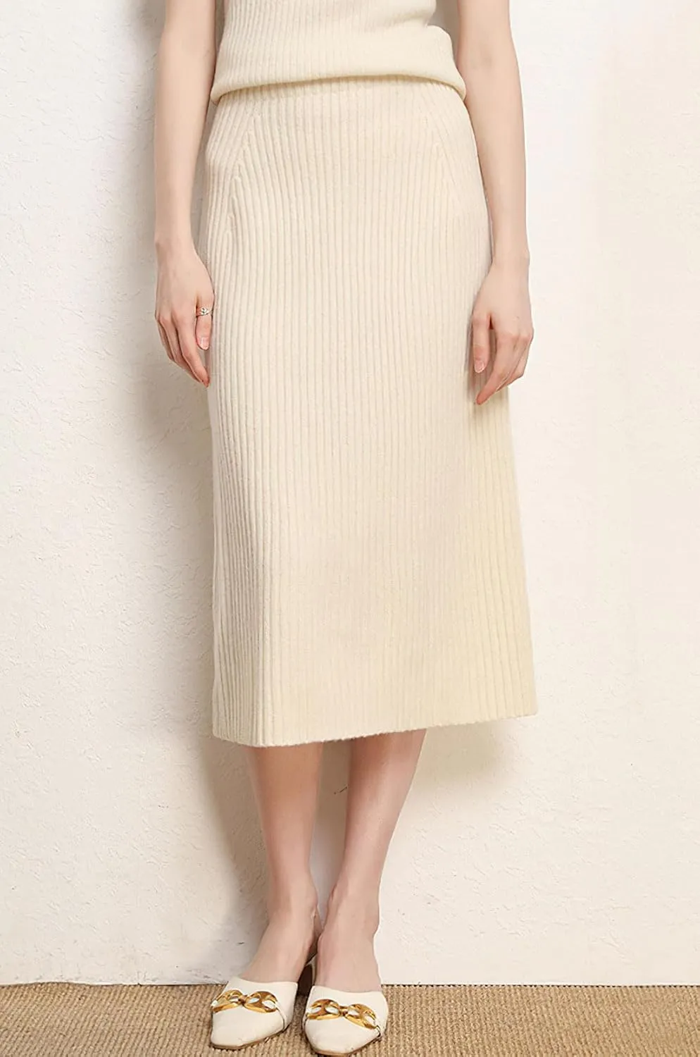 chouyatou Women's Fall Elastic High Waist Midi Rib Knit Skirt Office Work Bodycon Sweater Pencil Skirt