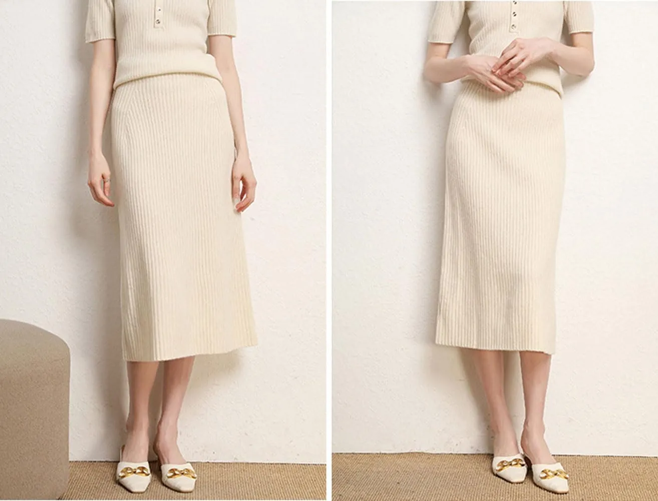 chouyatou Women's Fall Elastic High Waist Midi Rib Knit Skirt Office Work Bodycon Sweater Pencil Skirt