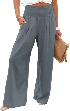 chouyatou Women's Smocked High Waisted Cotton Linen Wide Leg Pants Palazzo with Pockets