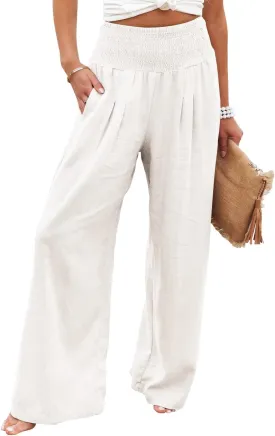 chouyatou Women's Smocked High Waisted Cotton Linen Wide Leg Pants Palazzo with Pockets