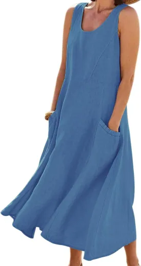 chouyatou Women's Summer Casual Tank Dress Sleeveless Cotton Linen Long Maxi Dress with Pockets