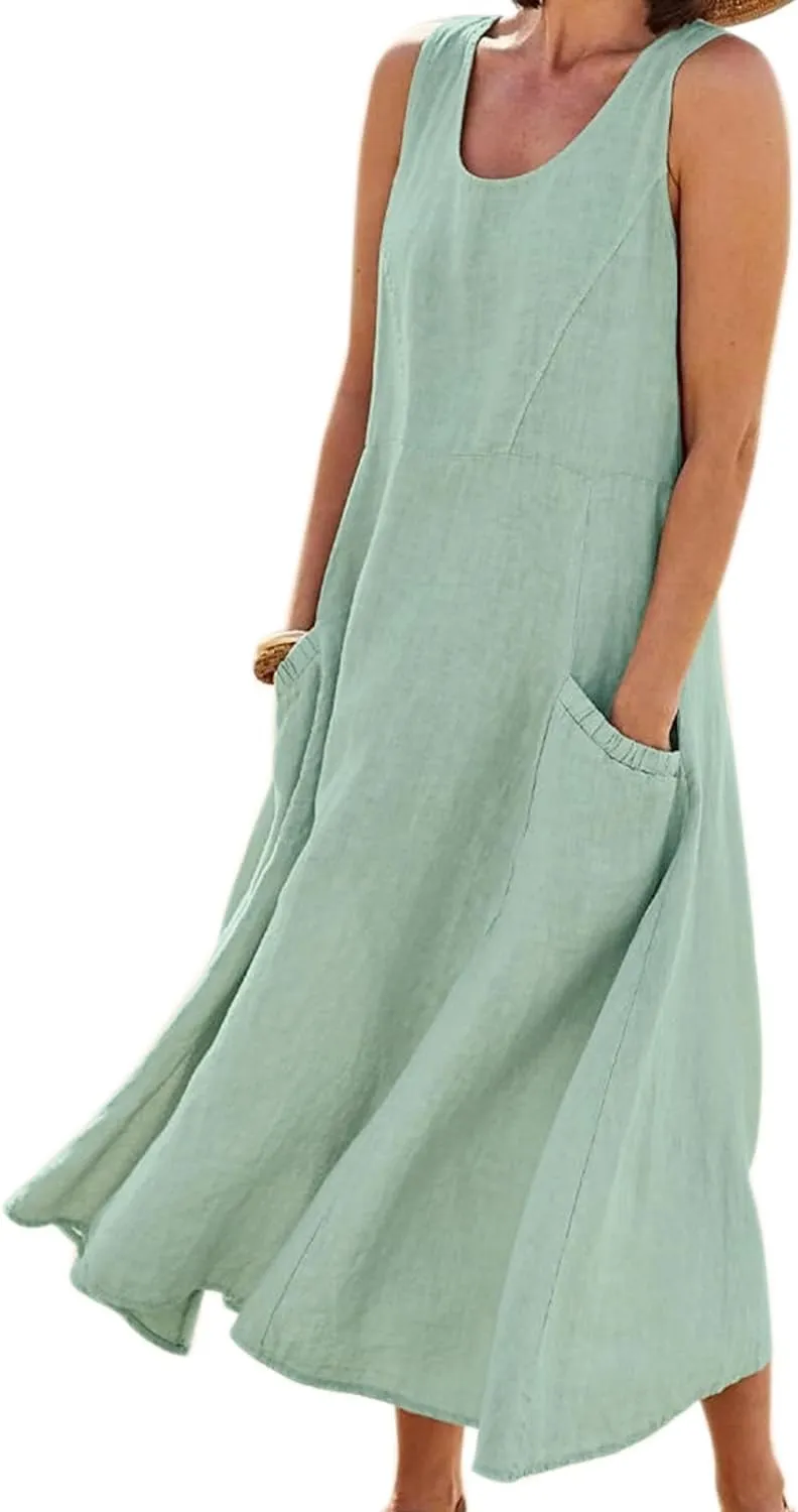 chouyatou Women's Summer Casual Tank Dress Sleeveless Cotton Linen Long Maxi Dress with Pockets