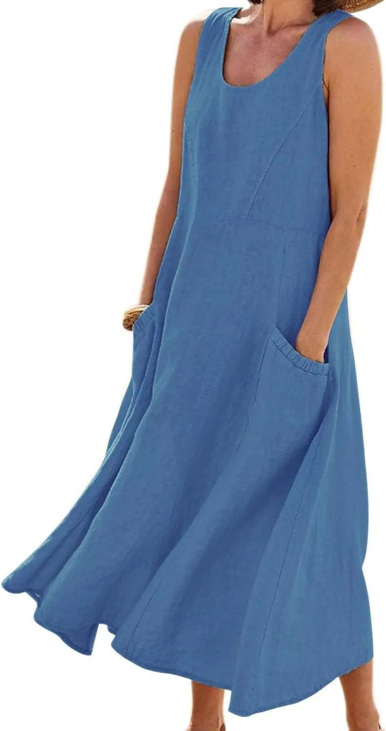chouyatou Women's Summer Casual Tank Dress Sleeveless Cotton Linen Long Maxi Dress with Pockets
