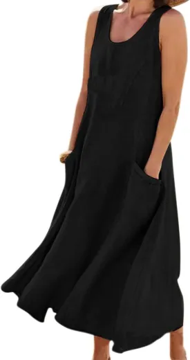 chouyatou Women's Summer Casual Tank Dress Sleeveless Cotton Linen Long Maxi Dress with Pockets