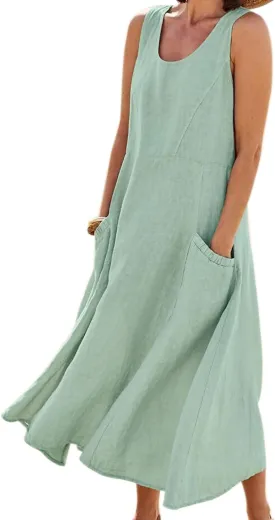 chouyatou Women's Summer Casual Tank Dress Sleeveless Cotton Linen Long Maxi Dress with Pockets