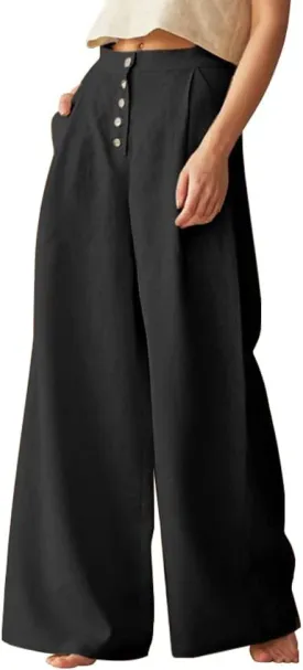 chouyatou Women's Summer High Waisted Cotton Linen Palazzo Wide Leg Casual Pants with Pockets