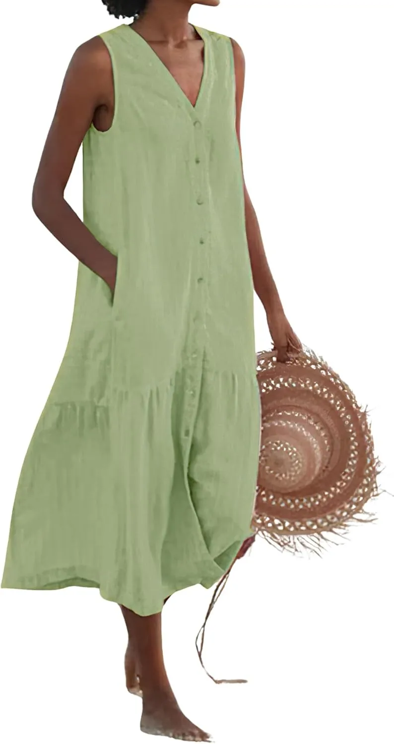 chouyatou Women's Summer Sleeveless Button Down Cotton Tank Dress Loose A-Line Tiered Tunic Beach Dress